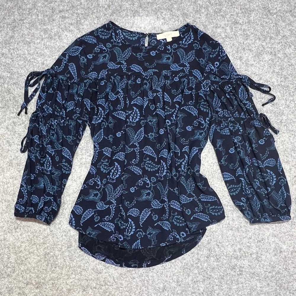 LOFT Navy‎ Blue Paisley Floral Tiered Tie Sleeve Blouse XS Boho Top